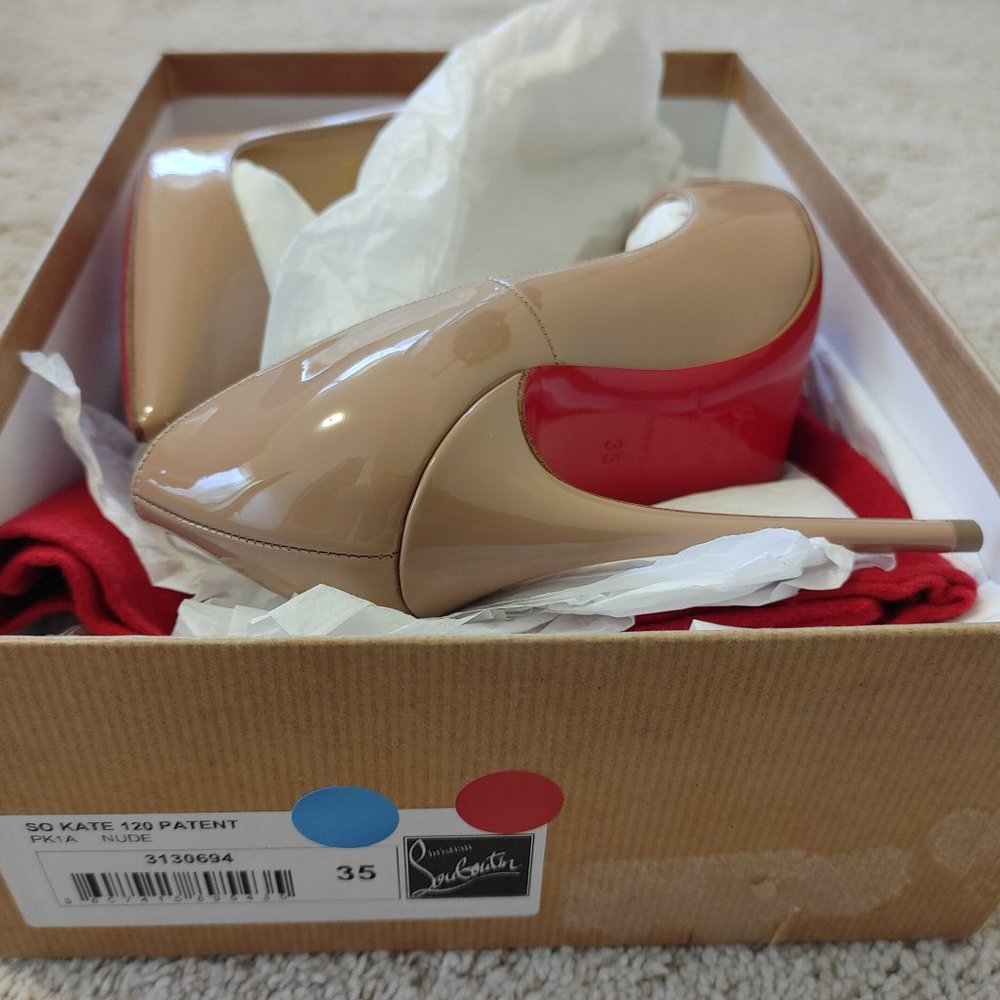 NEW Christian Louboutin So Kate 120mm Pointed Patent Leather Pump NUDE Size 35